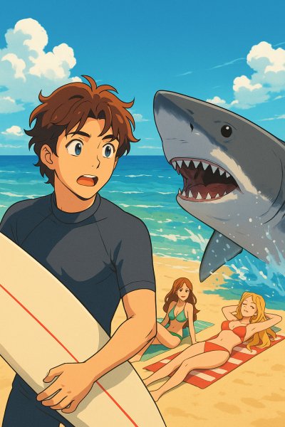 Сёрфер и акула у берега