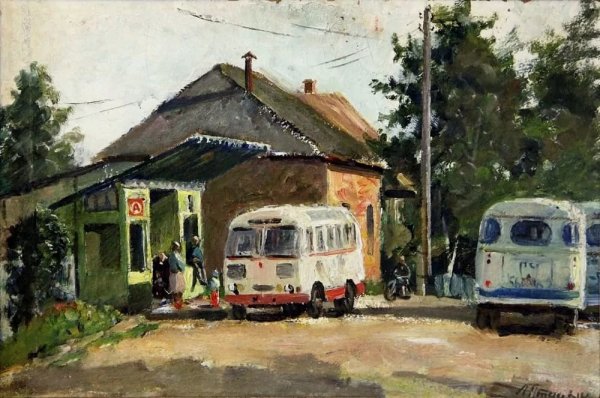 Л. Птицын Автобусная остановка в деревне Кудеверь, 1975 год.