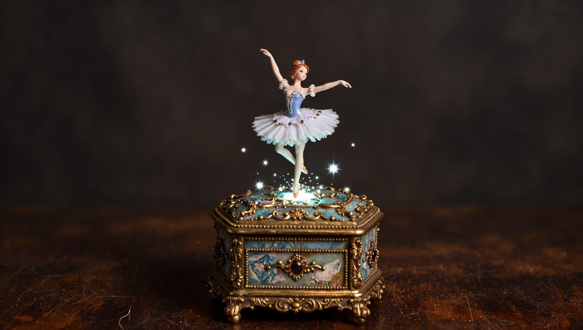 ballerina, magic, dance, ballet, jewelry, miniature, glowing, fairy, fantasy, elegant, childhood, sparkle, treasure, vintage, porcelain, dancer, gift, romantic, music box, ai generated