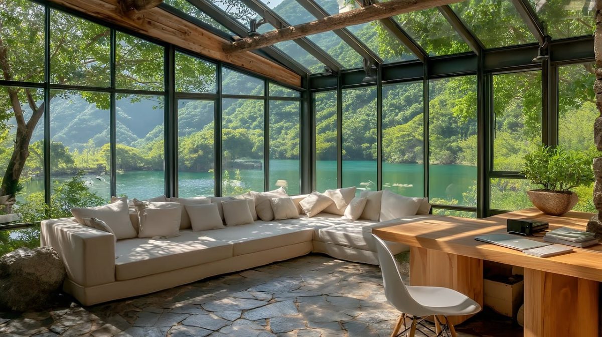 pavilion, glass, modern, architecture, interior, design, lake, view, nature, building, home, house, room, sunlight, reflection, water, landscape, scenic, vacation, holiday, destination, getaway, relaxation, ai generated
