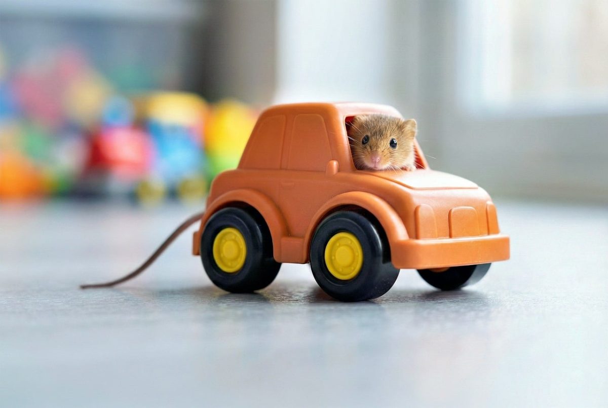 mouse, toy car, cute, playful, animal, small, sweet, imaginative, pet, orange, vehicle, miniature, rodent, pleasure, driver, childhood, trip, within, bright, nature, joy, ai generated