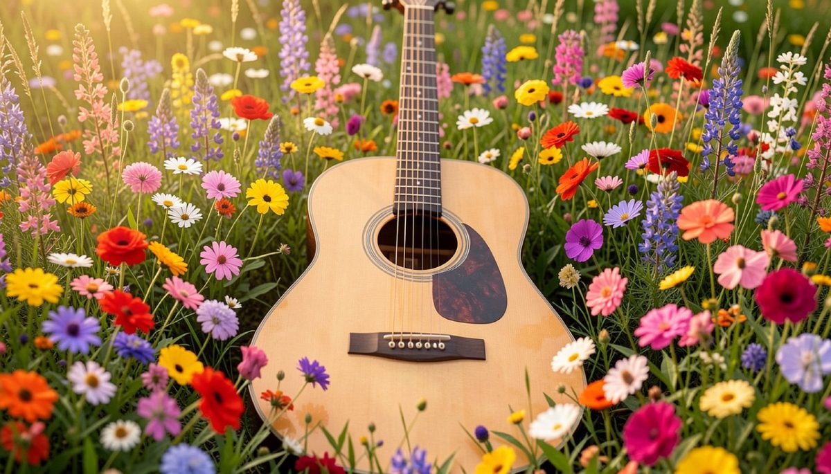 viola, violin, guitar, nature, music, violet, objects, instrument, song, sound, guitarist, acoustic, flor, flores, ai generated