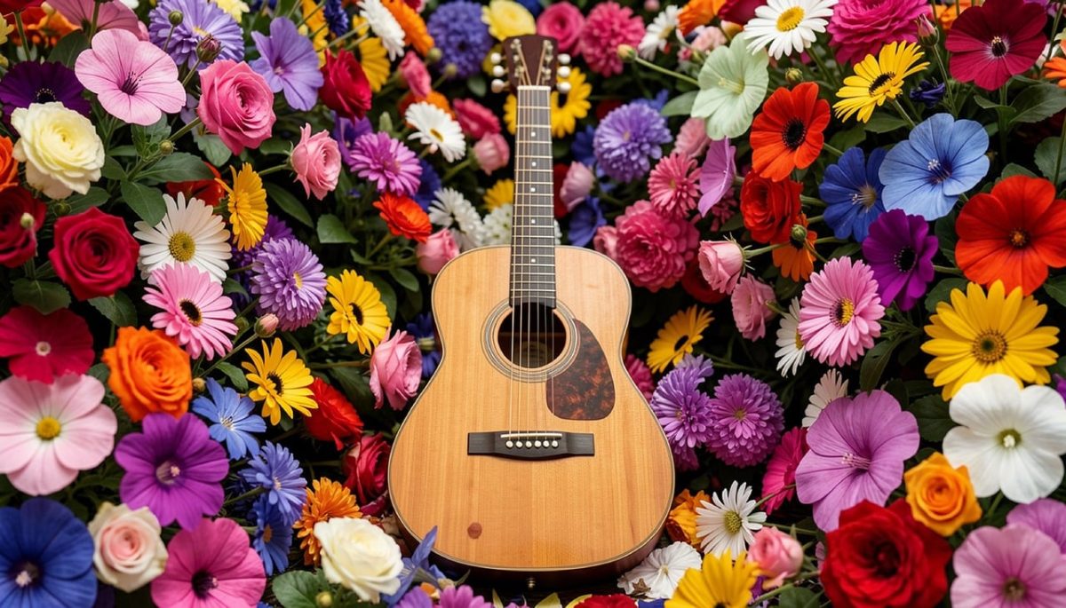 viola, violin, guitar, nature, music, violet, objects, instrument, song, sound, guitarist, acoustic, flor, flores, ai generated