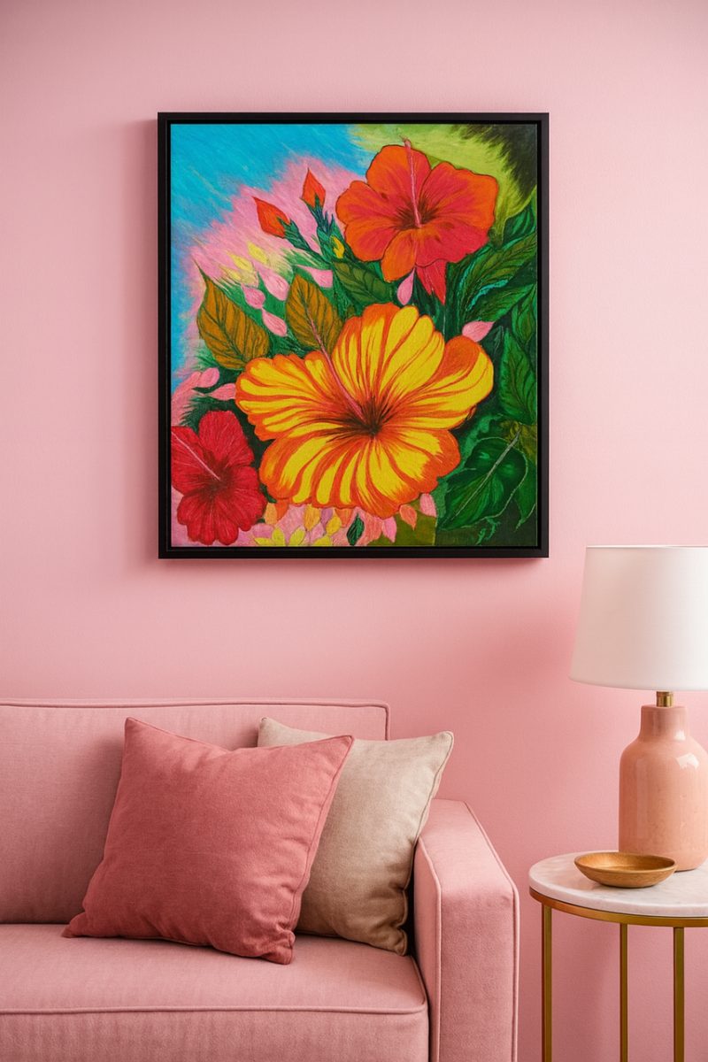 painting, flower, hibiscus, art, pink, decorative, living room, cushion, yellow, red, flower wallpaper, decoration, modern, colorful, nature, interior, textile, sofa, home, furniture, beautiful flowers, flower background, artwork
