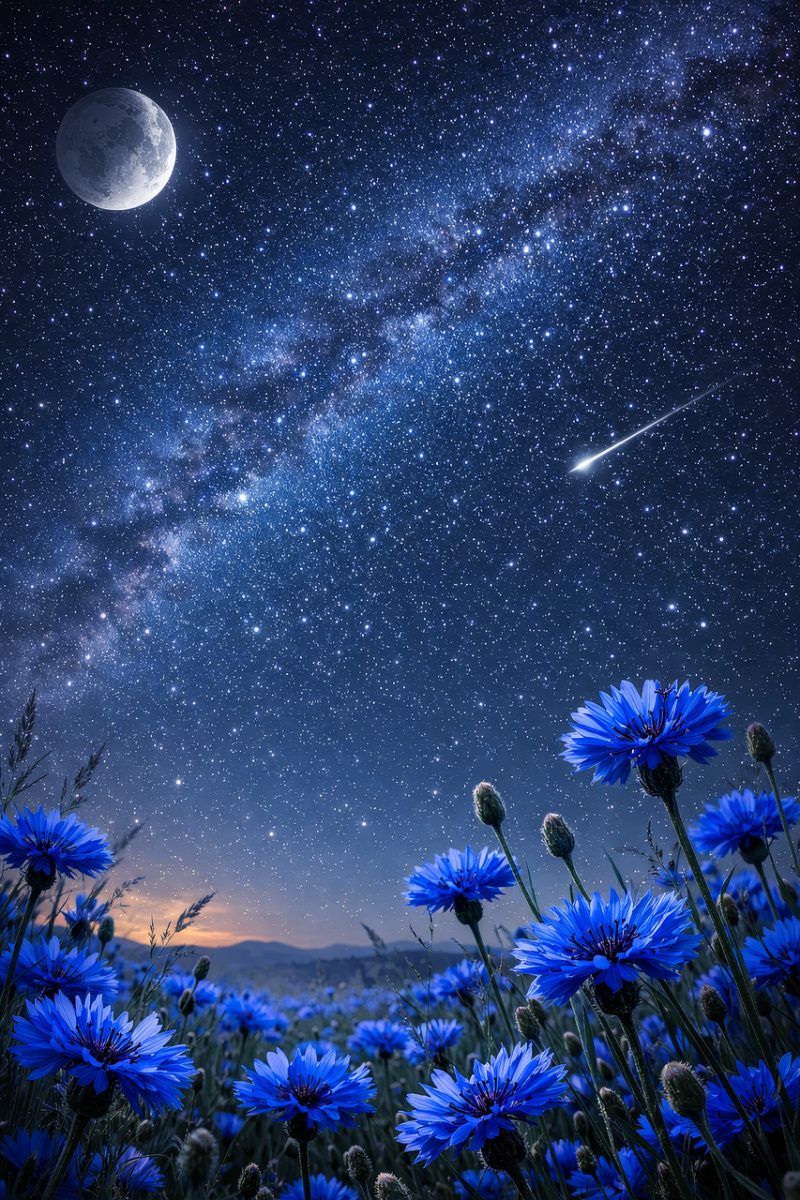 starry night, milky way, blue flowers, moon, landscape, shooting star, astronomy, nature, magical, night sky, cosmos, universe, meadow, twilight, beautiful, fantasy, space, celestial, scenic, dreamy, flora, astrology, starlight, ai generated