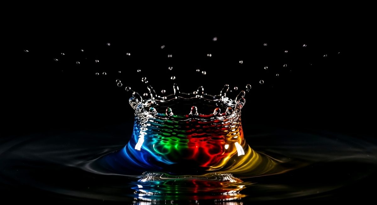 water, splash, drop, crown, liquid, colorful, rainbow, spectrum, macro, abstract, ripple, motion, frozen, reflection, black background, vibrant, blue, green, red, yellow, crystal, clean, nature, artistic, high speed, fluid