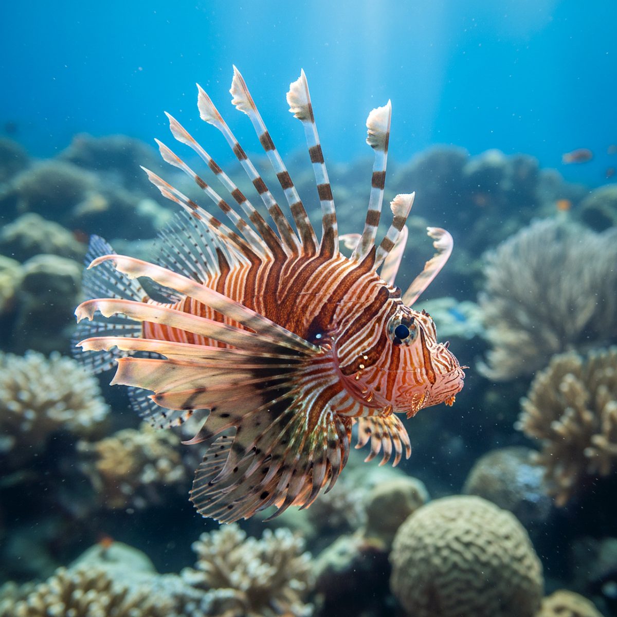 lionfish, nature, underwater, fishes, sea, exotic, water, poisonous, fish, coral reef, marine, beautiful, ocean, animal, multicoloured, dangerous, wildlife, coloured, out of the ordinary, tropical, corals, ai generated