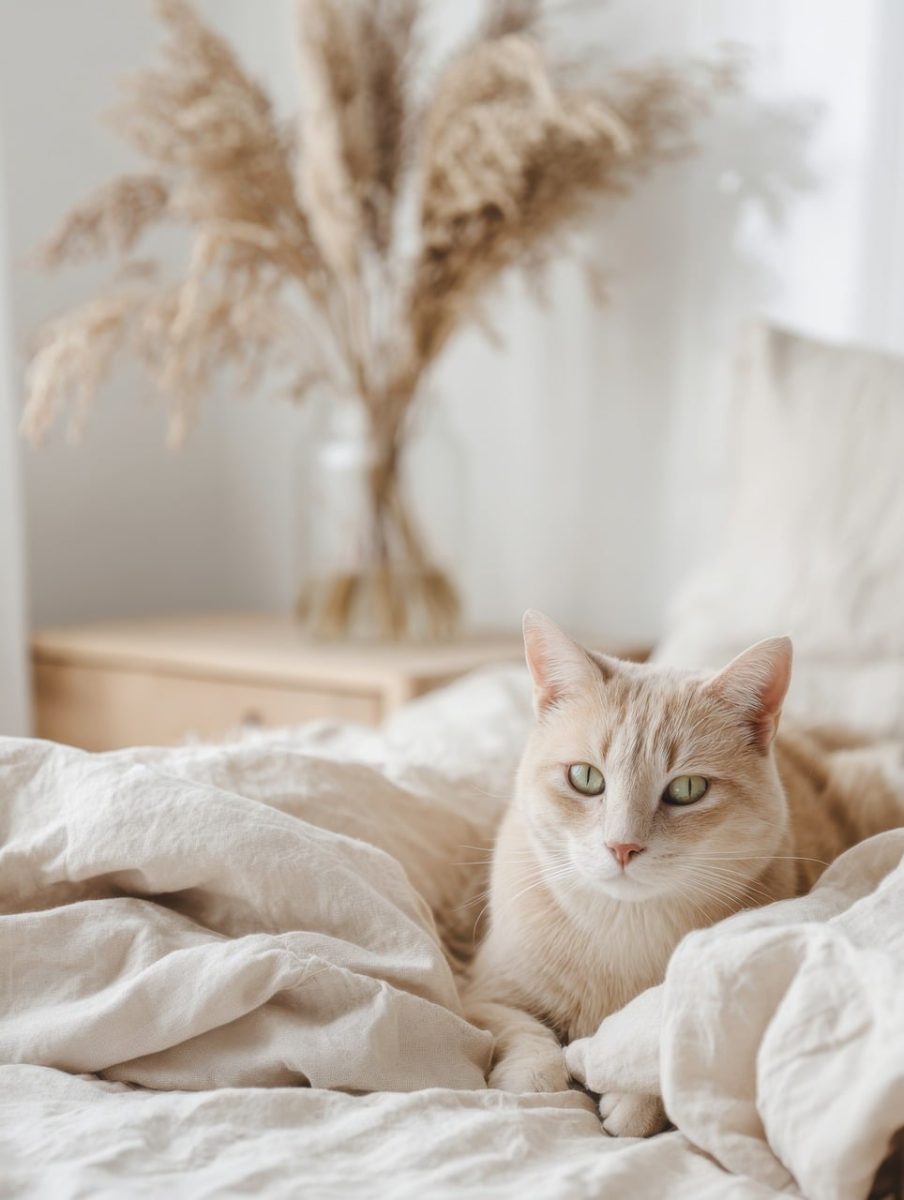 cat, feline, cute, aesthetics, interior, room, bed, animal, pet, home, ai generated