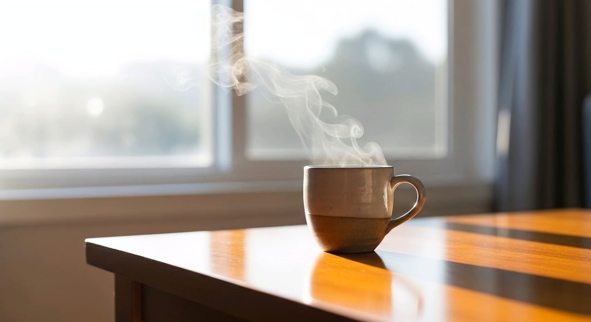 coffee, breakfast, morning, cup, steam, hot, caffeine, coffee cup, table, sunlight, wood, lifestyle, cozy, drink, espresso, latte, aroma, relaxation, shadow, window, mug, interior, beverage, still life, minimalist, atmosphere, ai generated
