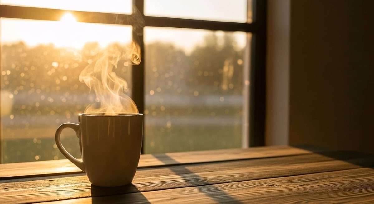 coffee, breakfast, morning, cup, steam, hot, caffeine, table, sunlight, wood, coffee cup, lifestyle, cozy, drink, espresso, latte, aroma, relaxation, shadow, window, mug, interior, beverage, still life, minimalist, atmosphere, ai generated