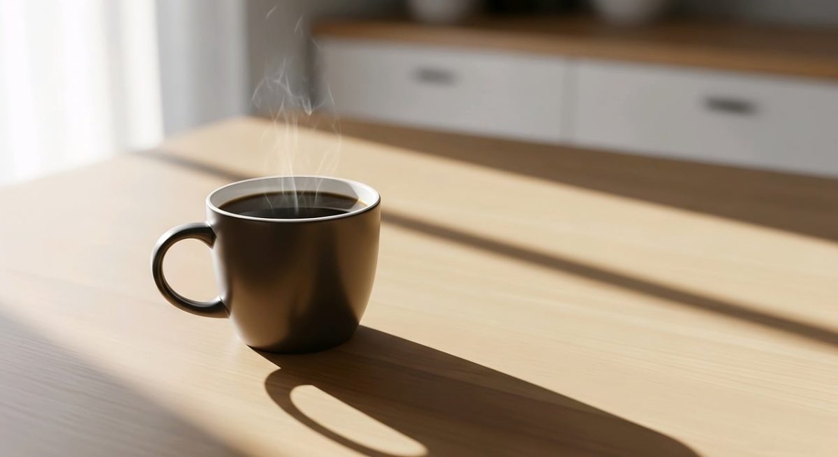 coffee, breakfast, morning, cup, steam, coffee cup, hot, caffeine, table, sunlight, wood, lifestyle, cozy, drink, espresso, latte, aroma, relaxation, shadow, window, mug, interior, beverage, still life, minimalist, atmosphere, ai generated