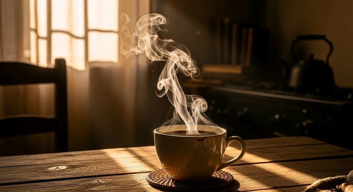 coffee, breakfast, morning, cup, steam, hot, caffeine, table, sunlight, wood, lifestyle, cozy, drink, espresso, latte, aroma, relaxation, shadow, window, mug, interior, beverage, still life, minimalist, atmosphere, ai generated