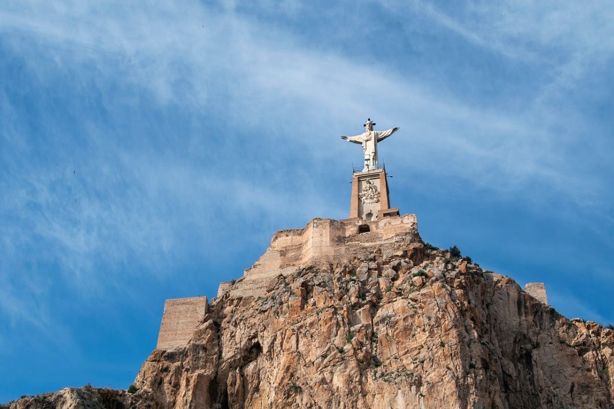statue, christianity, christ, religion, mountain, sky, clouds, stone, fortress, monument, architecture, art, tourist attraction, view, blue sky, panorama, world heritage, tourism, rock cliff, spirituality