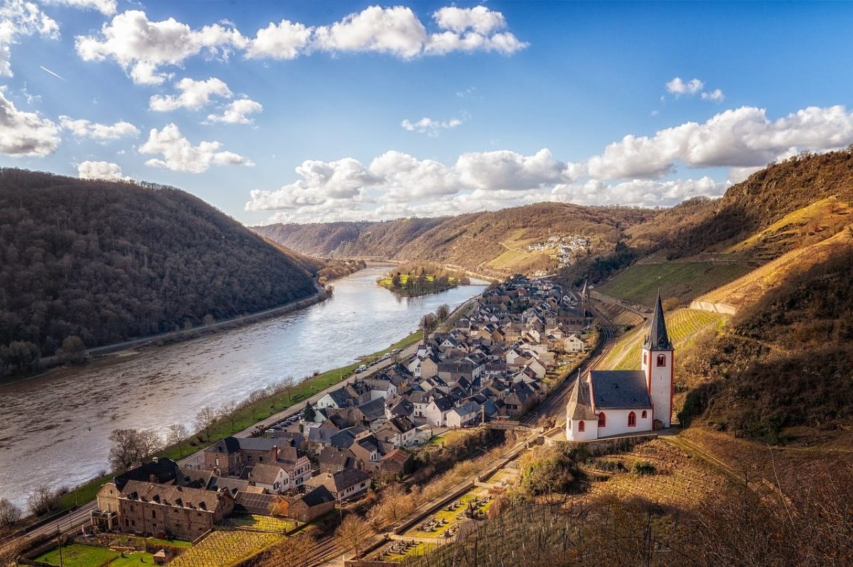 landscape, nature, flow, moselle, vineyards, germany, village, church