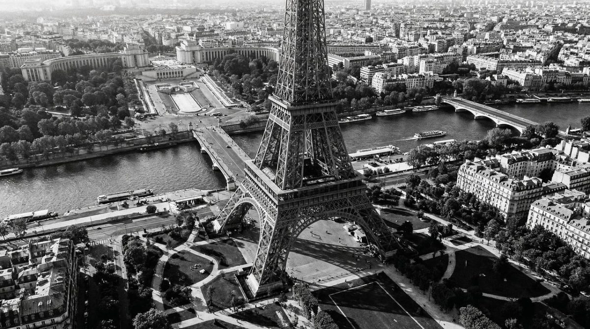 eiffel tower, paris, france, aerial view, seine river, champ de mars, trocadéro, nature, cityscape, landmark, architecture, urban, tourism, travel, iron structure, park, gardens, bridges, summer, blue sky, panorama, ai generated