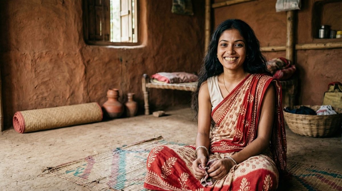 woman, traditional clothing, smile, rural, indian culture, red sari, ethnic attire, natural light, clay house, village interior, culture, traditional home, sandy floor, homely atmosphere, simplicity, home decor, grinning, ethnic tradition, woven rug