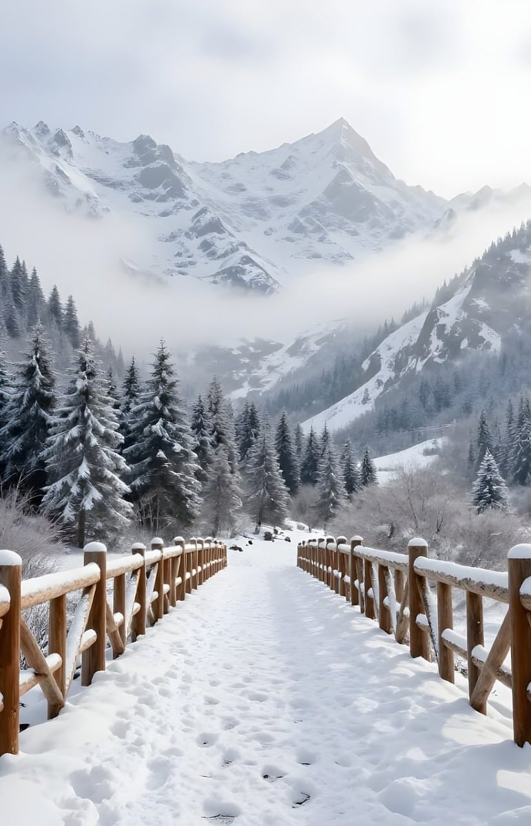 mountains, nature, alpine, snow, winter, frozen, bridge, architecture, rural, path, scenic, view, relaxing, travel, leisure, valley, mist, wooden, photography, tourist destination