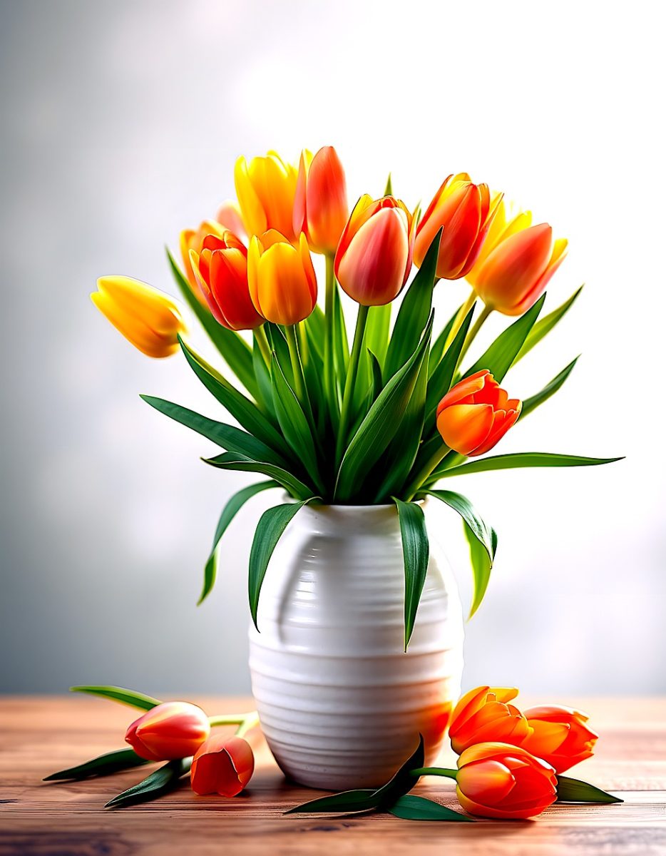 tulip, vase, flowers, yellow, orange, wooden table, decoration, springtime, bright background, red, fresh, interior, growth, bouquet, arrangement, everyday, light effects, art, purity, minimalism, ai generated