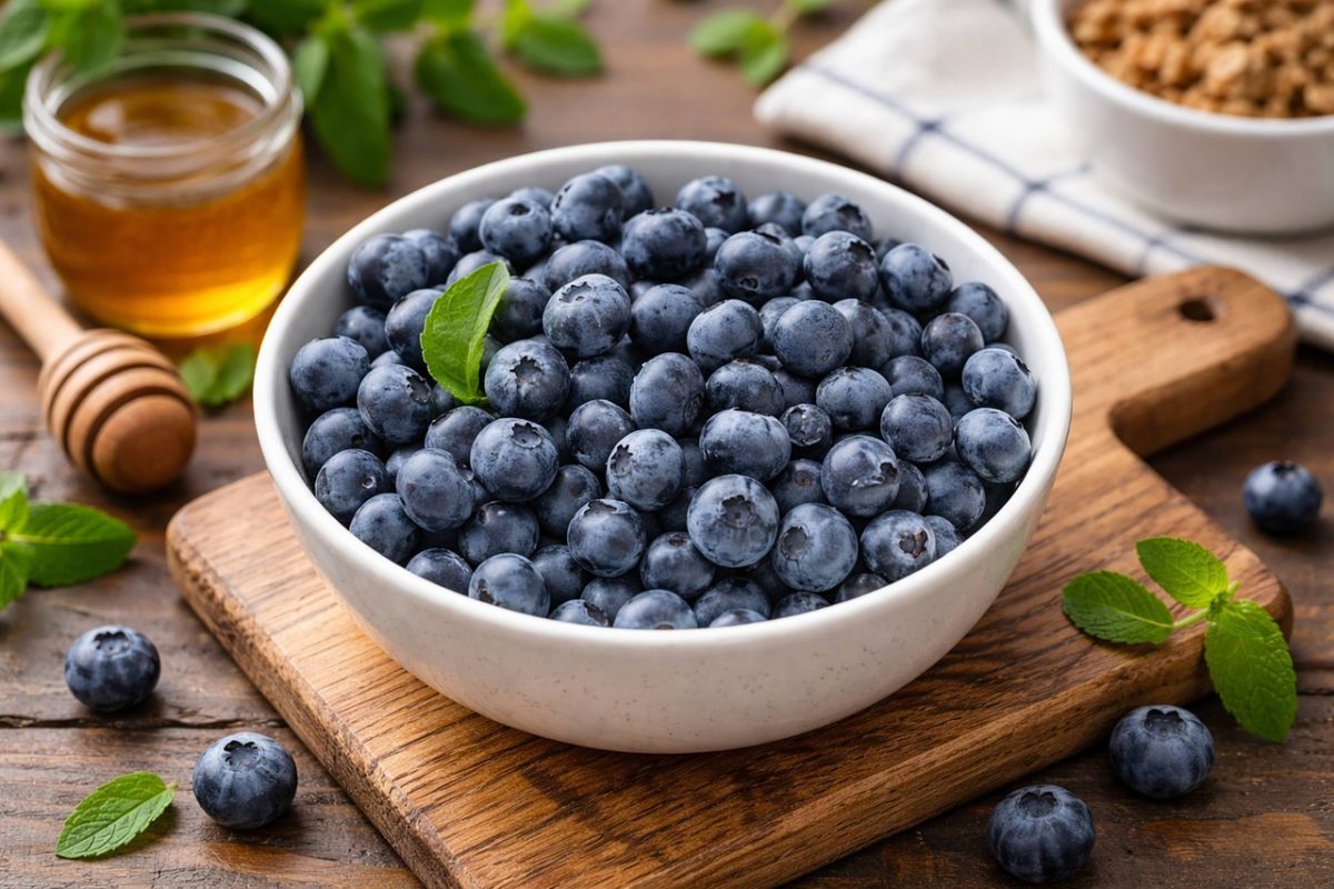 blueberries, white bowl, fresh fruit, diet, wooden table, natural sweetener, healthy eating, honey, honey dipper, fresh mint, breakfast, antioxidant, healthy lifestyle, red kitchen towel, vitamin c, breakfast table, natural, rustic style, organic, proven recipe