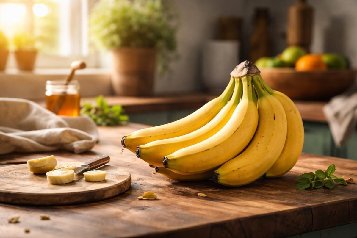 banana, fruit, kitchen, fresh, sunny, natural light, healthy, breakfast, snack, bunch of bananas, slicing, knife, wood, rustic, cutting board, food preparation, homemade, vegetable, healthy diet, growth energy