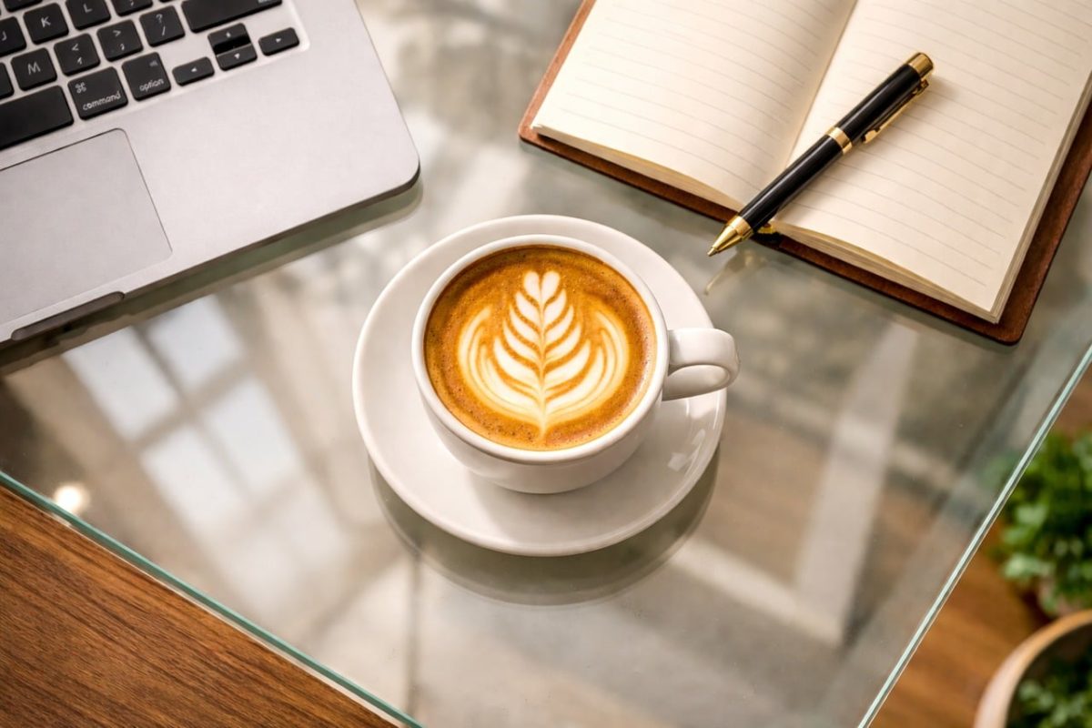 coffee, latte art, workspace, laptop, notebook, pen, glass table, office, productivity, work environment, minimalism, inspiration, professional, modern, desk, office supplies, efficiency, creativity, technology, hot beverage