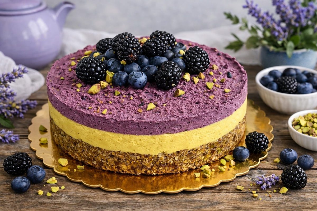 cake, blueberries, blackberries, pistachios, lavender, dessert, colorful, rustic, teapot, raspberries, fruit, gluten-free, vegetarian, homemade, pudding, recipe, healthy, rustic dining, baking