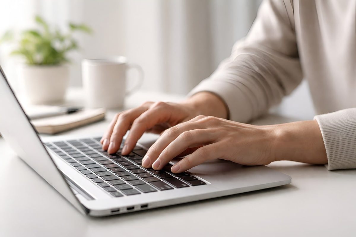 typing, keyboard, hands, laptop, work, productivity, desk, workspace, computer, input, office, remote work, freelance, writing, programming, technology, digital, focus, modern, clean