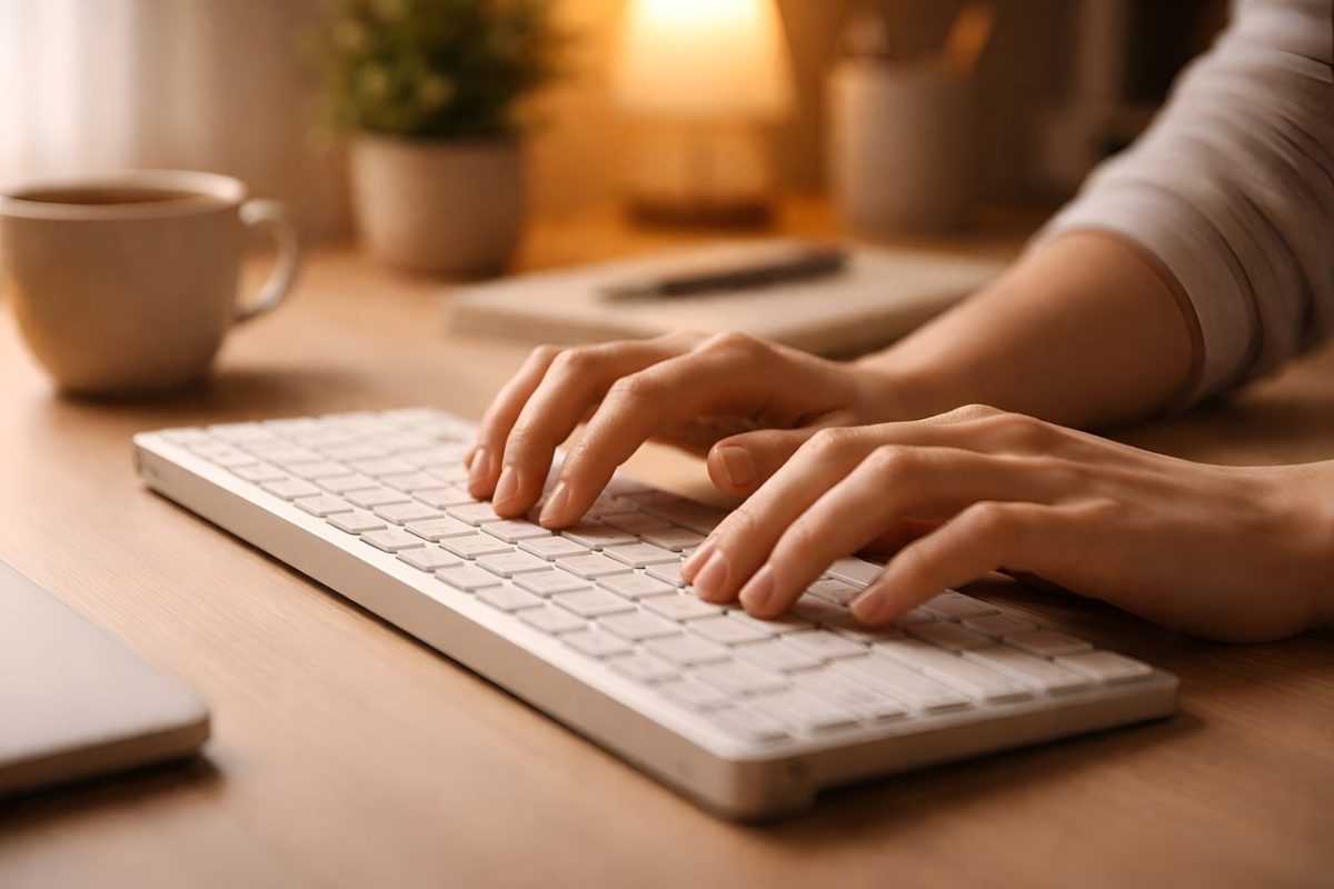 writing, keyboard, hands, productivity, focus, digital, asmr, nature, remote work, office, work focus, programming, lamp, minimalism, desk, plant, quiet, table lamp, freelance, concentration, layout