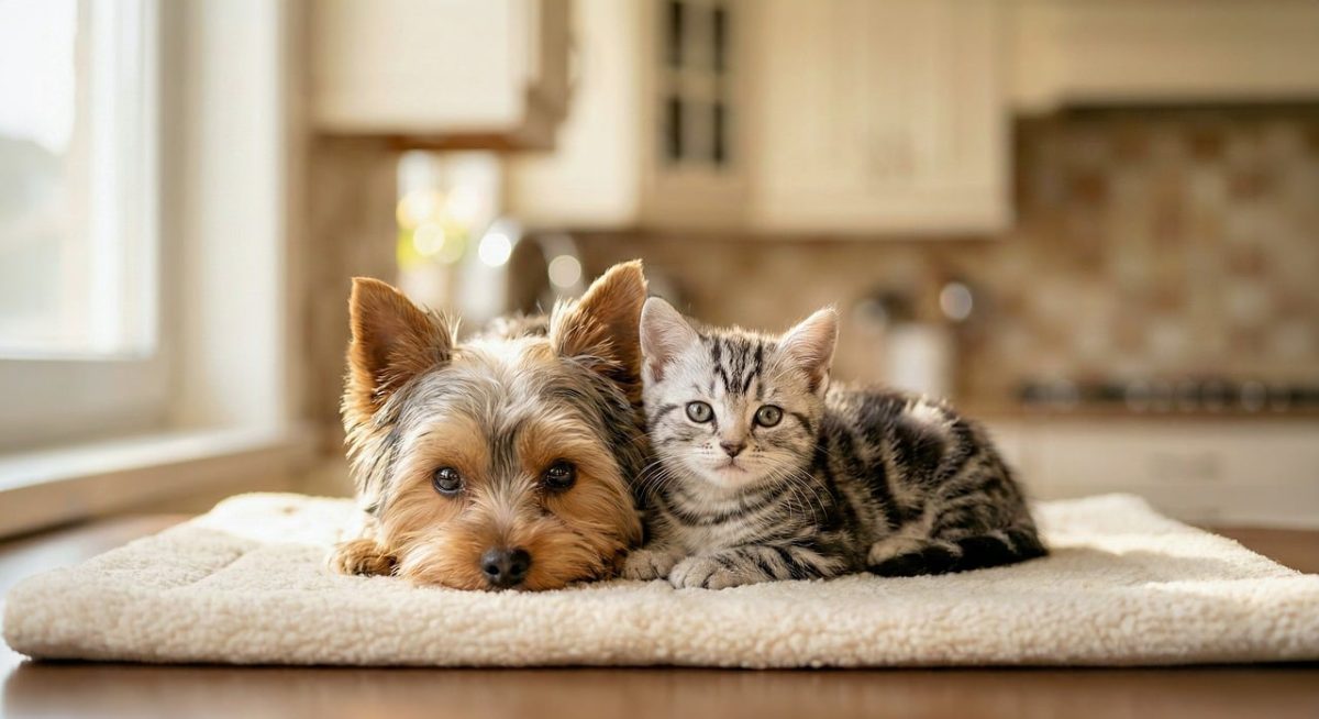 dog, cat, animal, puppy, kitten, yorkshire terrier, striped cat, pet, cute, friendship, companionship, interior, domestic animal, resting, together, decorative pillow, comfortable, home, gaze, companion, small animals