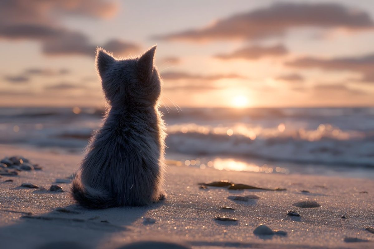 cat, beach, sunrise, ocean, sand, light, reflections, calm, nature, horizon, sunset, dawn, calm sea, solitude, calm night, romance, animal, pet, beauty, silence, seashore, adventure
