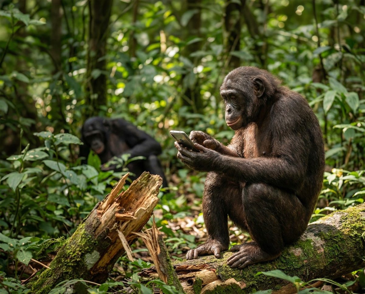 bonobo, jungle, forest, nature, wood, smartphone, modern, digital, intelligent, ape, curious, technology, interaction, log, moss, intelligence, charming, social animal, thorn, vegetation