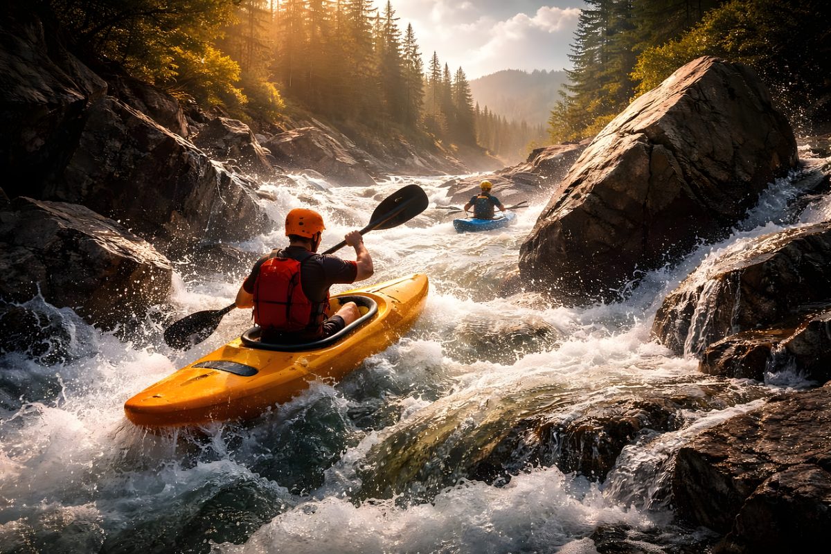 kayaking, mountains, river, adventure, extreme, rafting, water, forest, rock, nature, adrenaline, sun, morning, energy, sport, challenge, dynamic, current, safety, courage