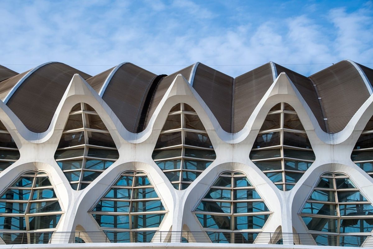 architecture, modern, symmetry, building, city, museum, valencia, urban, exterior, clouds, blue sky, texture, geometric, futuristic, windows, arch, architectural design, nature, construction, modern architecture, creative design