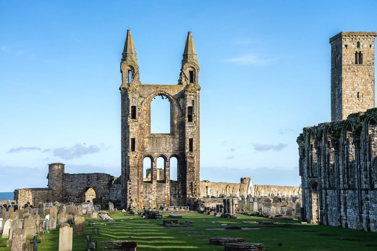 history, cathedral, st andrews, ruins, architecture, gothic, ancient, historical landmark, tourist attraction, medieval, scotland, cemetery, sky, monument, stone, tourism, support tower, building, world heritage, nature, interest