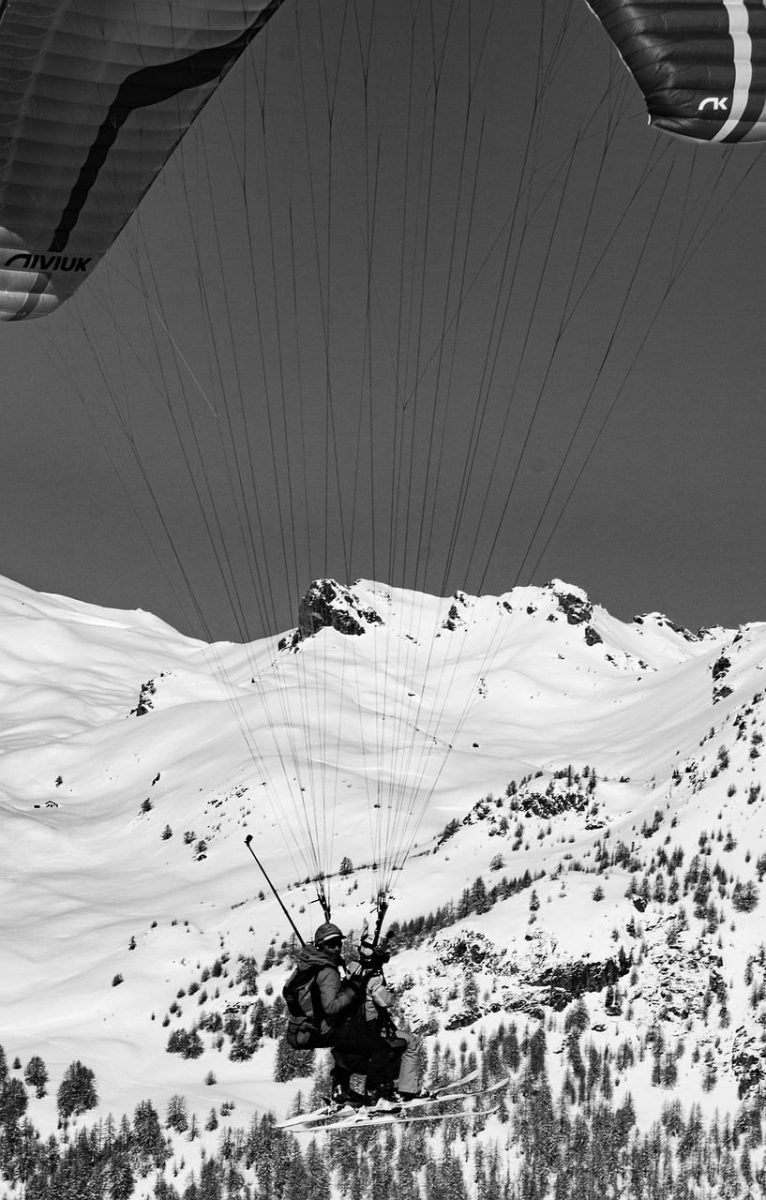 paragliding, mountains, snow, winter, panorama, adventure, recreational, flight, extreme sport, activity, skiing, hiking, nature, alpine, freedom, natural, windy, destination, paragliding pilot, snowdrifts, black and white