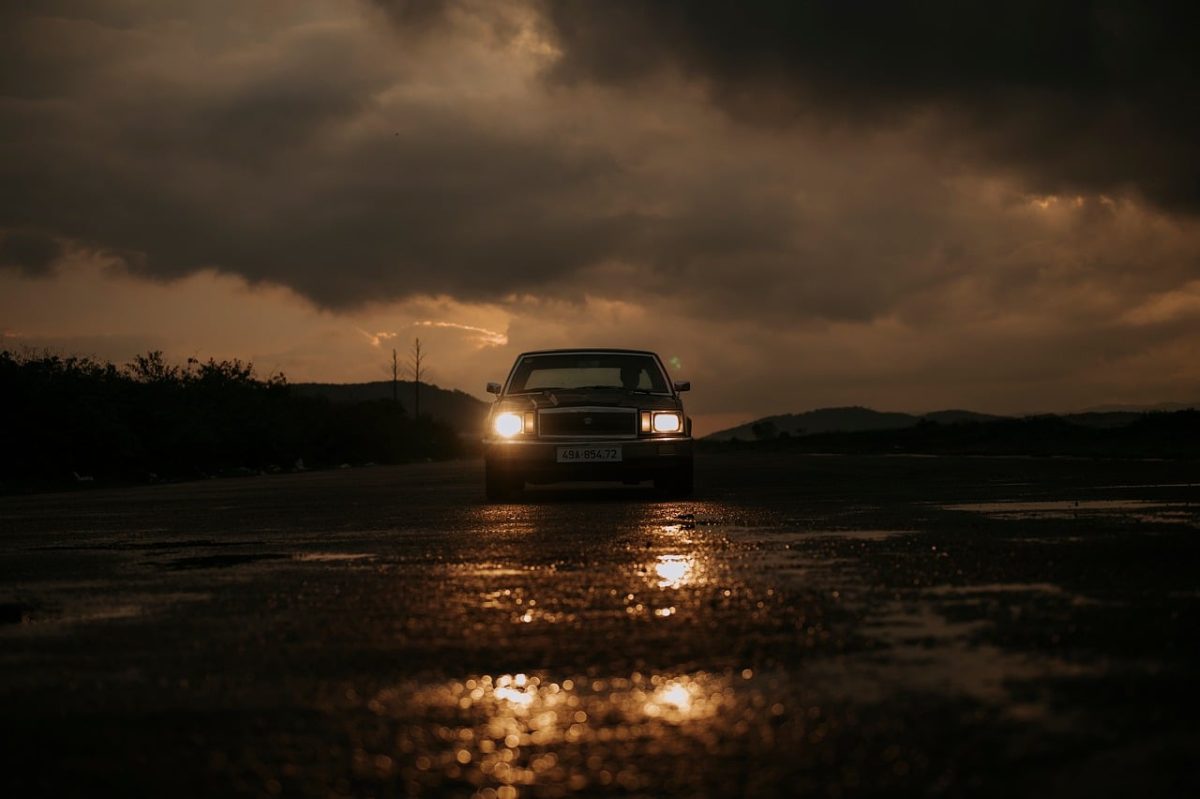 sunset, car, retro, classic, nature, road, lighting, darkness, lonely, car wallpapers, wet, reflection, lights, countryside, vintage, atmospheric, wet surface, eerie, lone car, dark sky, headlight, road vehicle