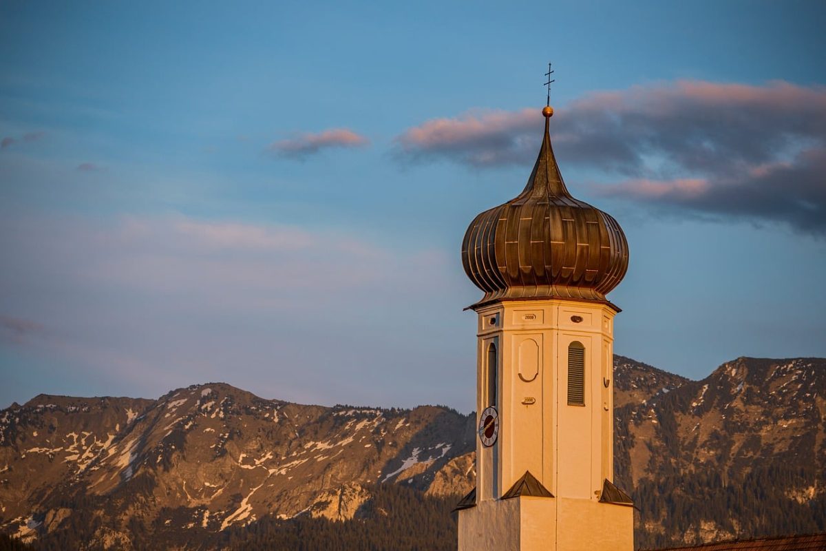 tower, church, architecture, germany, bavaria, mountains, alps, nature, historical, christianity, sunset, twilight, clouds, landscape, dome, outdoors, evening light, tyrol