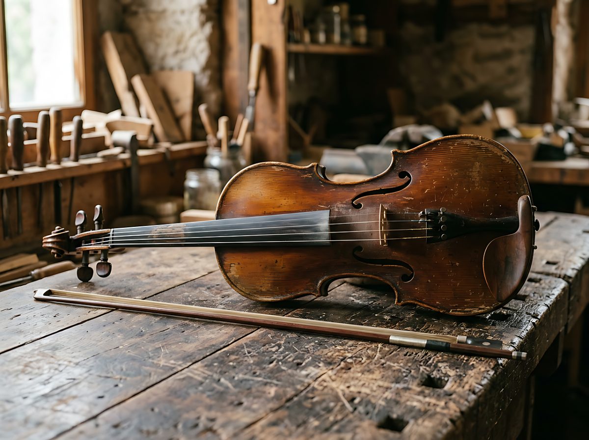 violin, bow, music, classical music, workshop, wood, handmade, old, artisan, antique, vintage, instrument, woodcarving, rustic, luthier, builder, blurry, musicians, atmospheric, stone wall