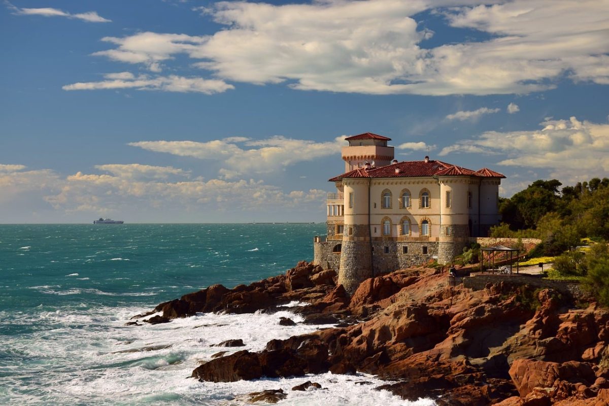 castle, sea, rocky coast, tourism, tuscany, sun, wave power, clouds, livorno, landscape, architecture, boccale, cliffs, natural beauty, italy, panorama, tranquility, vacation, boccale cup, mansion