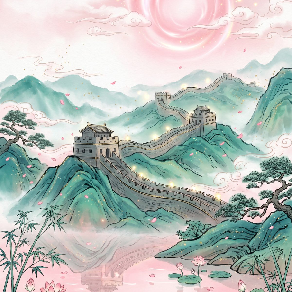 great wall, traditional chinese painting, nature, landscape, mountains, bamboo, blossoms, lotus, sunrise, clouds, pink, chinese architecture, cultural heritage, water element, fantasy, decorative, peaceful, ethereal, lighting, pastel colors