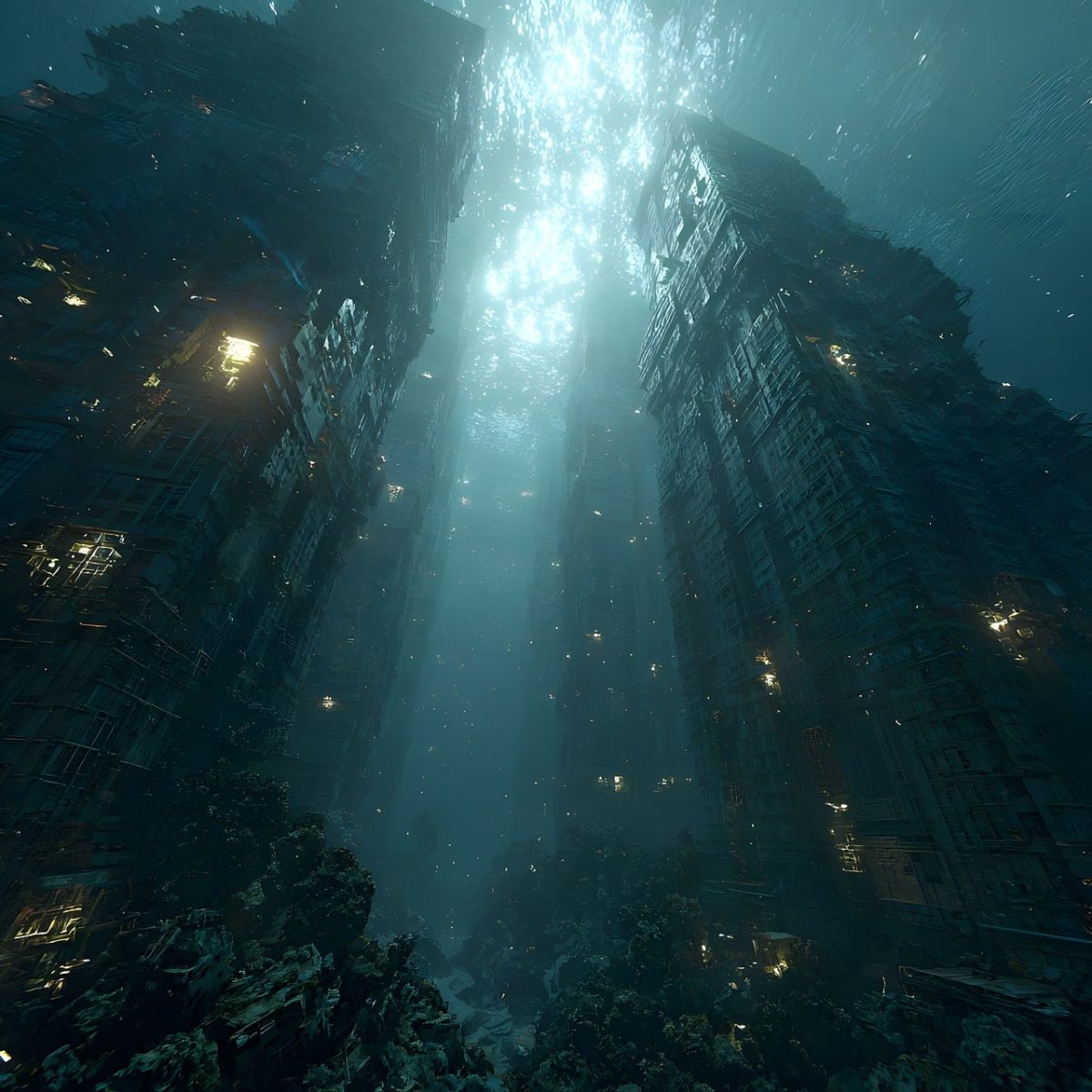 underwater city, futuristic, urban, dark, glowing lights, mysterious, tall buildings, underwater world, shadow, deep ocean, futuristic architecture, downward, glow, ocean, hidden cities, ruins, peaceful, mysteries, fantastic, futuristic city, skyscraper tops