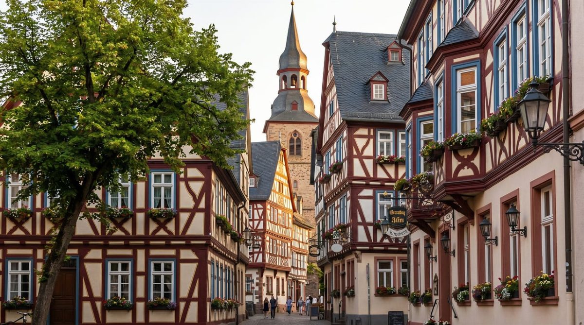 city, architecture, church, historic, city wall, tree, fresco, a few people, window frames, flowers, heritage awareness, summer evening, nice weather, medieval, tree-lined street, europe, morning, tourist destination, germany