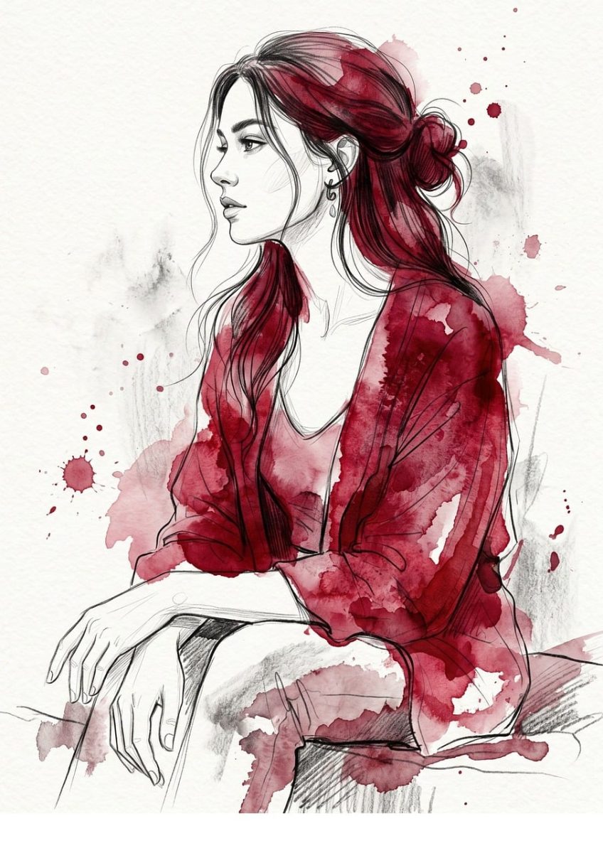 watercolor, female portrait, black and white, creativity, art, red color, loose lines, handwriting, pencil, artwork, ink drawing, linework, contour, stain, coloring, emotional expression, details, stylization, emotional art