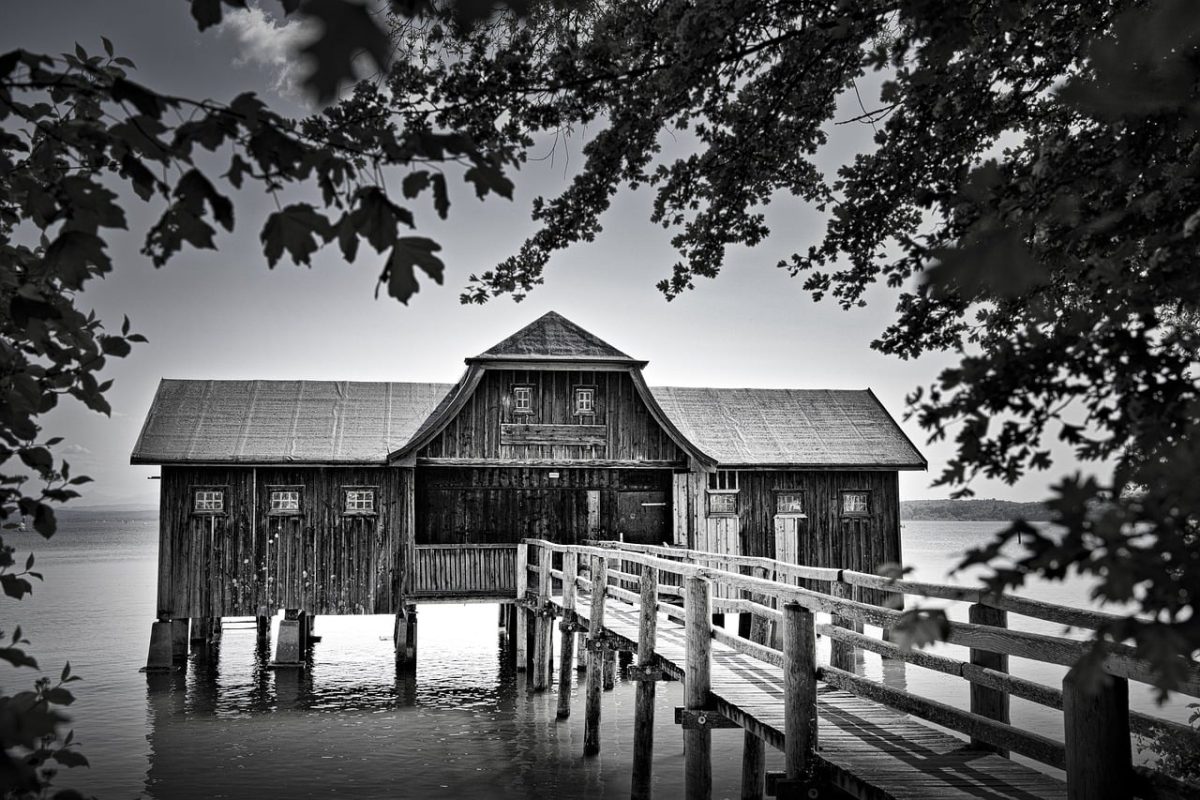 boathouse, lake, landscape, house, water, architecture, jetty, nature, black and white, river view, natural landscape, bridge, lake house, wooden structure, reflection, peaceful, rural, serene, outdoor, tranquil setting