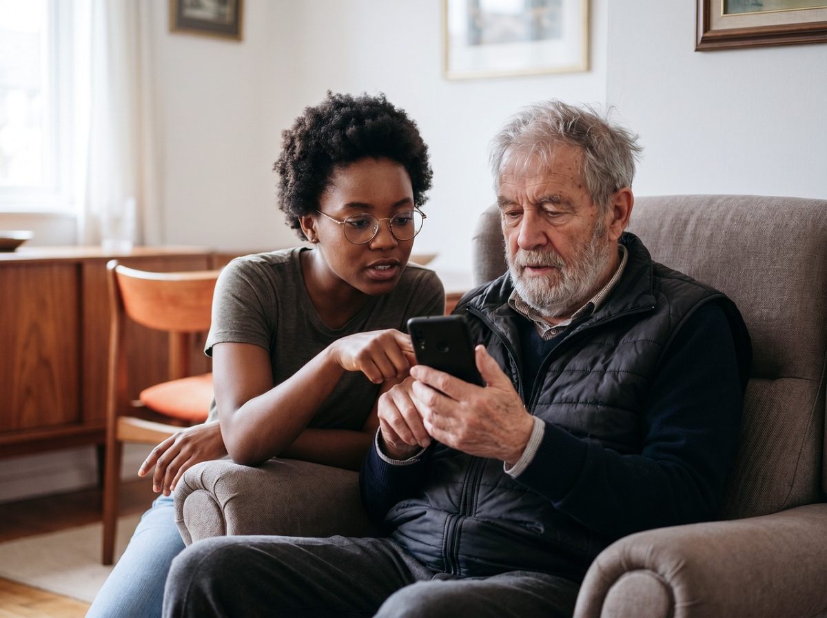 intergenerational, technology, smartphone, learning, assistance, guidance, home, elderly, youth, connection, digital literacy, support, collaboration, indoors, communication, teaching, modern, help, diversity, lifestyle