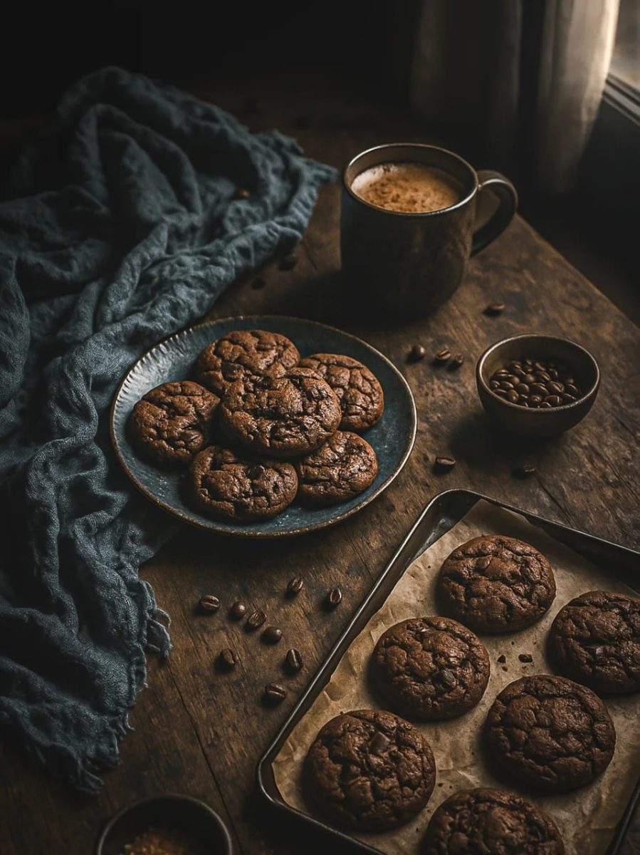 chocolate cookies, chocolate chips, freshly baked, baking sheet, parchment paper, ceramic plate, blue wrinkled cloth, coffee mug, hot beverage, coffee beans, small bowl, dark food photography, rustic wooden table, cozy afternoon, sweet treats, homemade baking, comfort food, winter aesthetic, cozy lighting, textures