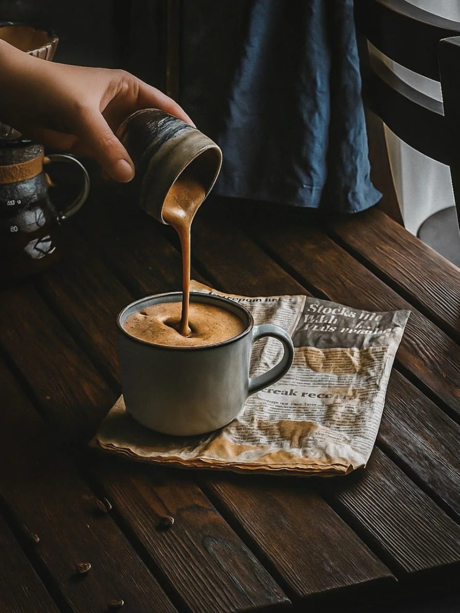 pouring coffee, espresso stream, ceramic pitcher, grey mug, coffee beverage, vintage newspaper, wooden table, coffee preparation, dark photography, slow living, morning routine, creative styling, close-up, shadow, caffeine, texture, coffee, hand, hot drink, blue curtain, spilled coffee beans