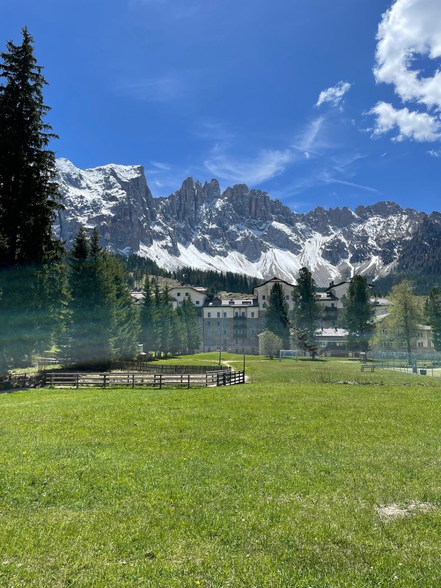 mountains, snow, landscape, clear sky, grass, spring, hiking, nature, trees, forest, cabins, windy day, countryside, tourist attraction, cottage, summer vacation, idyllic, alps