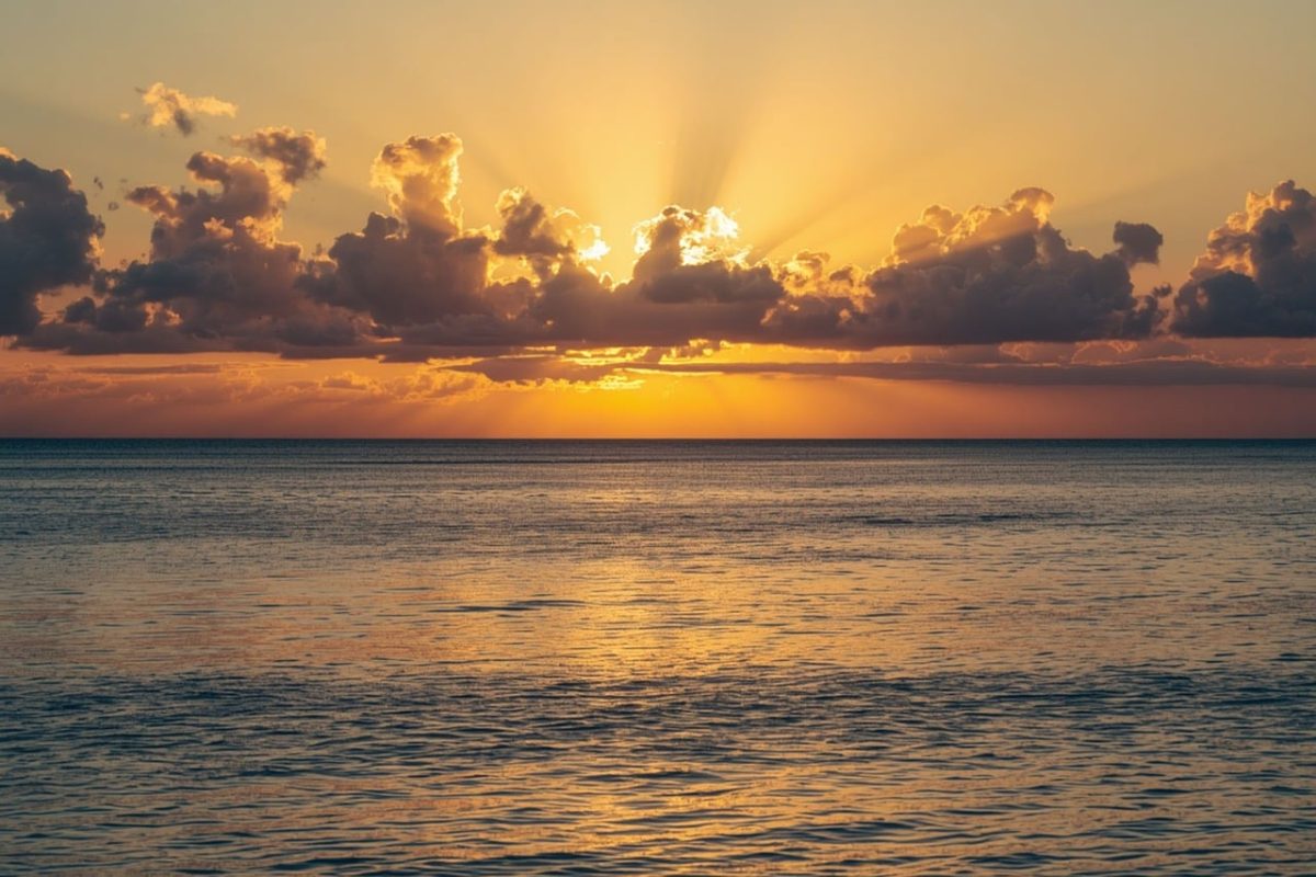 sunset, ocean, calm water, sun rays, reflection, calm atmosphere, natural beauty, landscape, zen, evening sky, nature, serenity, travel destination, peaceful nature, mental health, golden hour, tranquil sea, meditation, horizon, relaxation, well-being