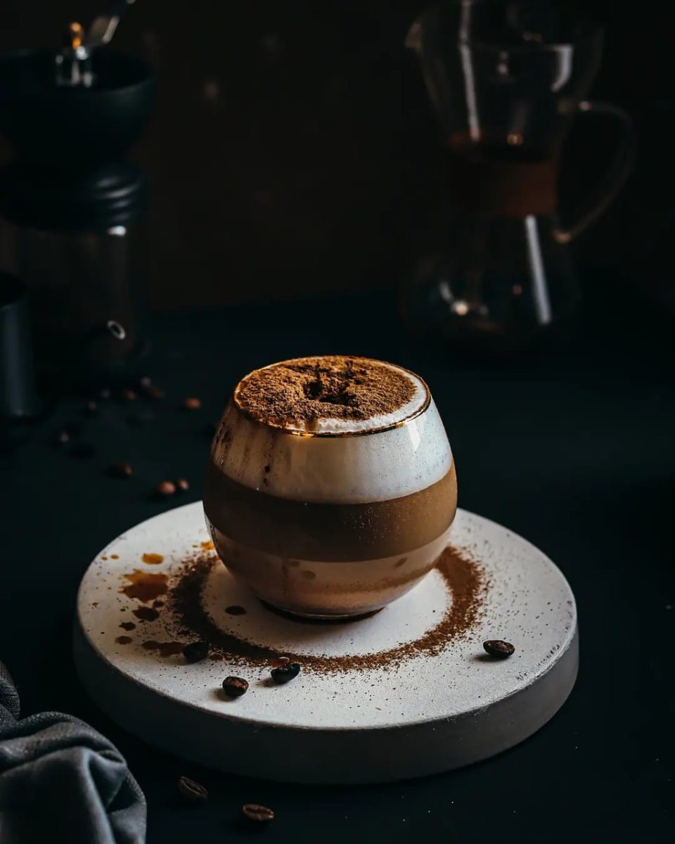 coffee, espresso, foamy drink, glass cup, cocoa powder, black surface, lighting, macro, coffee beans, coffee maker, elegant, artistic, atmospheric, chemex coffee maker, aesthetic, minimalistic, no description available, cocoa texture, culinary culture, appearance